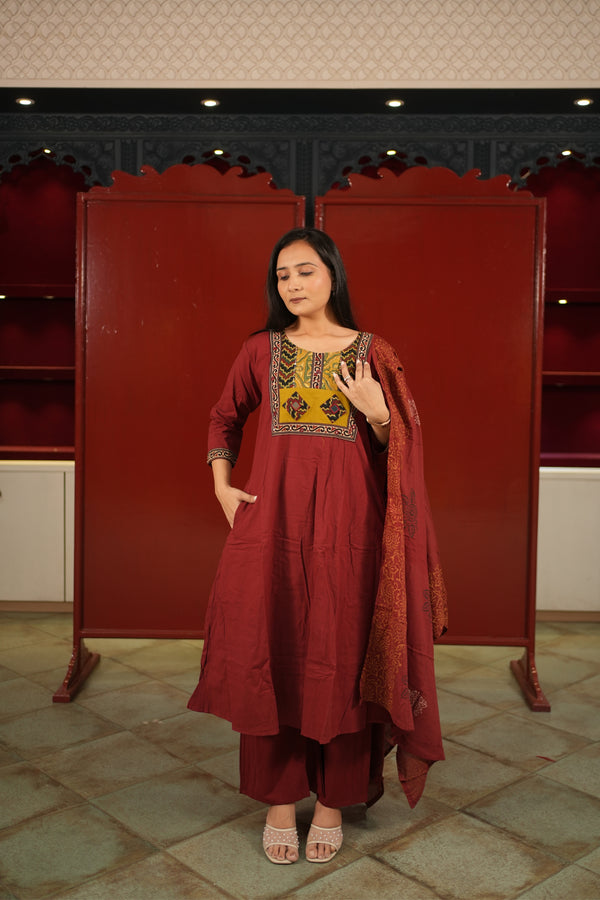 Maroon Patchwork Kurti Set