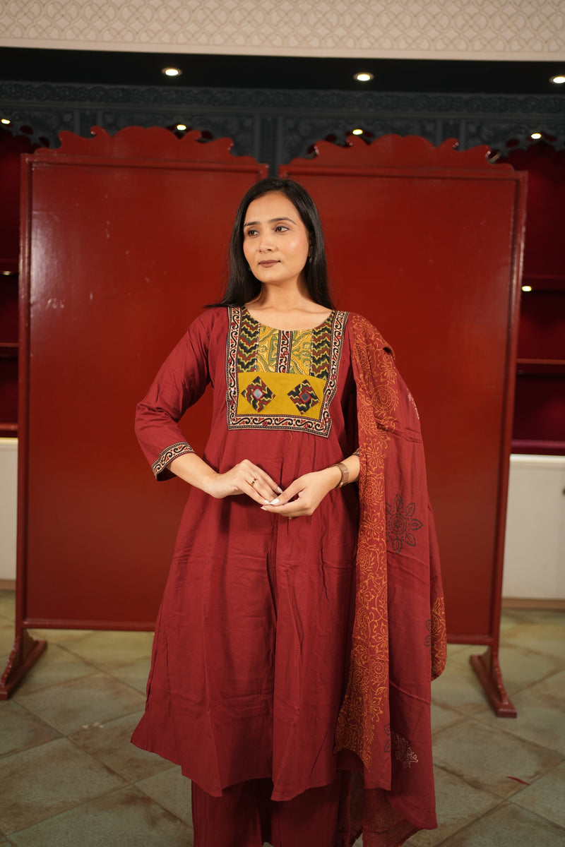 Maroon Patchwork Kurti Set