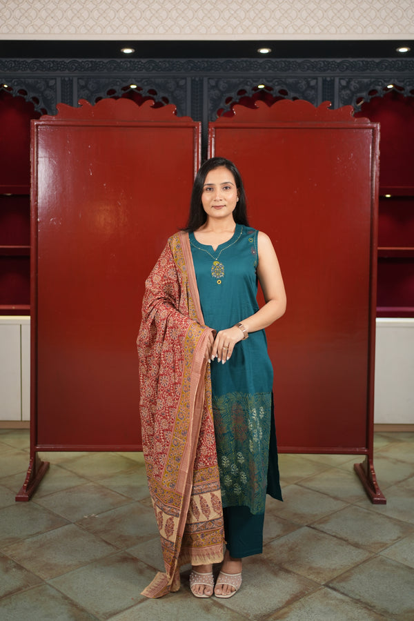 Teal Printed Kurti Set