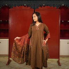 Brown Embroidered Kurti Set