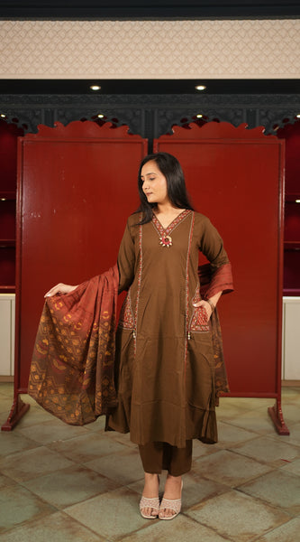Brown Embroidered Kurti Set