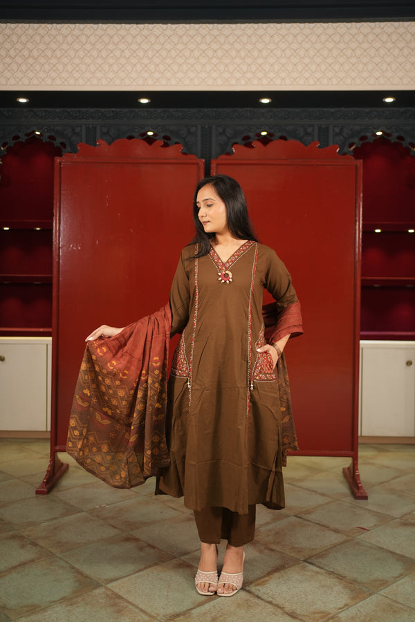 Brown Embroidered Kurti Set