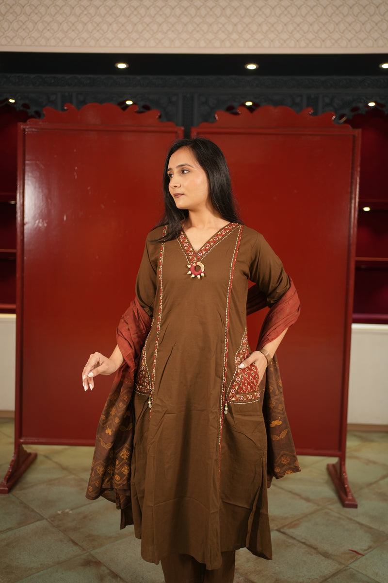 Brown Embroidered Kurti Set