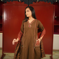Brown Embroidered Kurti Set