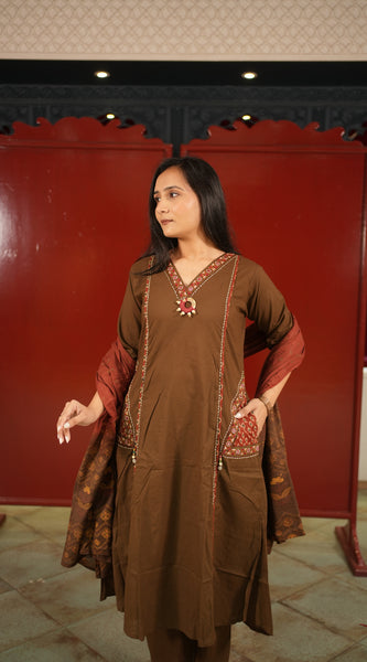Brown Embroidered Kurti Set