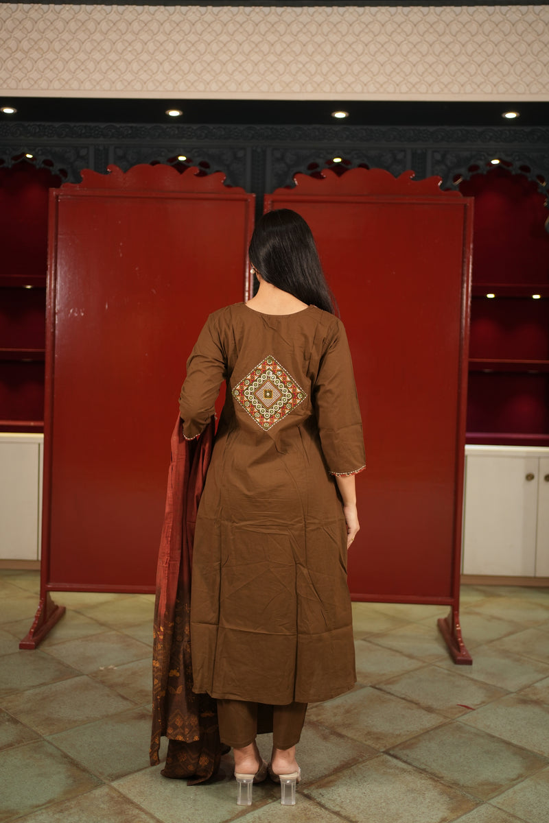 Brown Embroidered Kurti Set