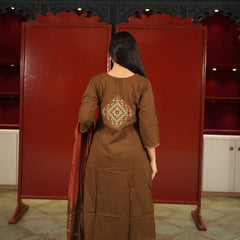 Brown Embroidered Kurti Set