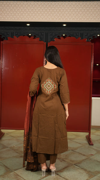 Brown Embroidered Kurti Set