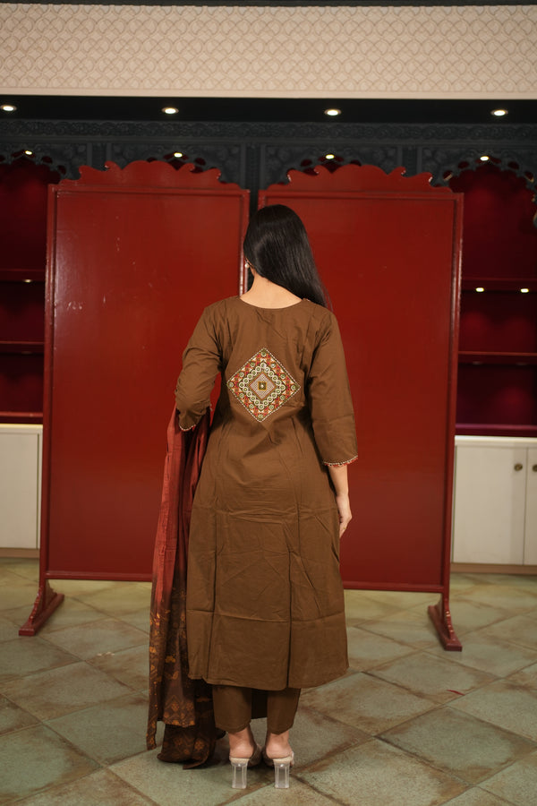 Brown Embroidered Kurti Set