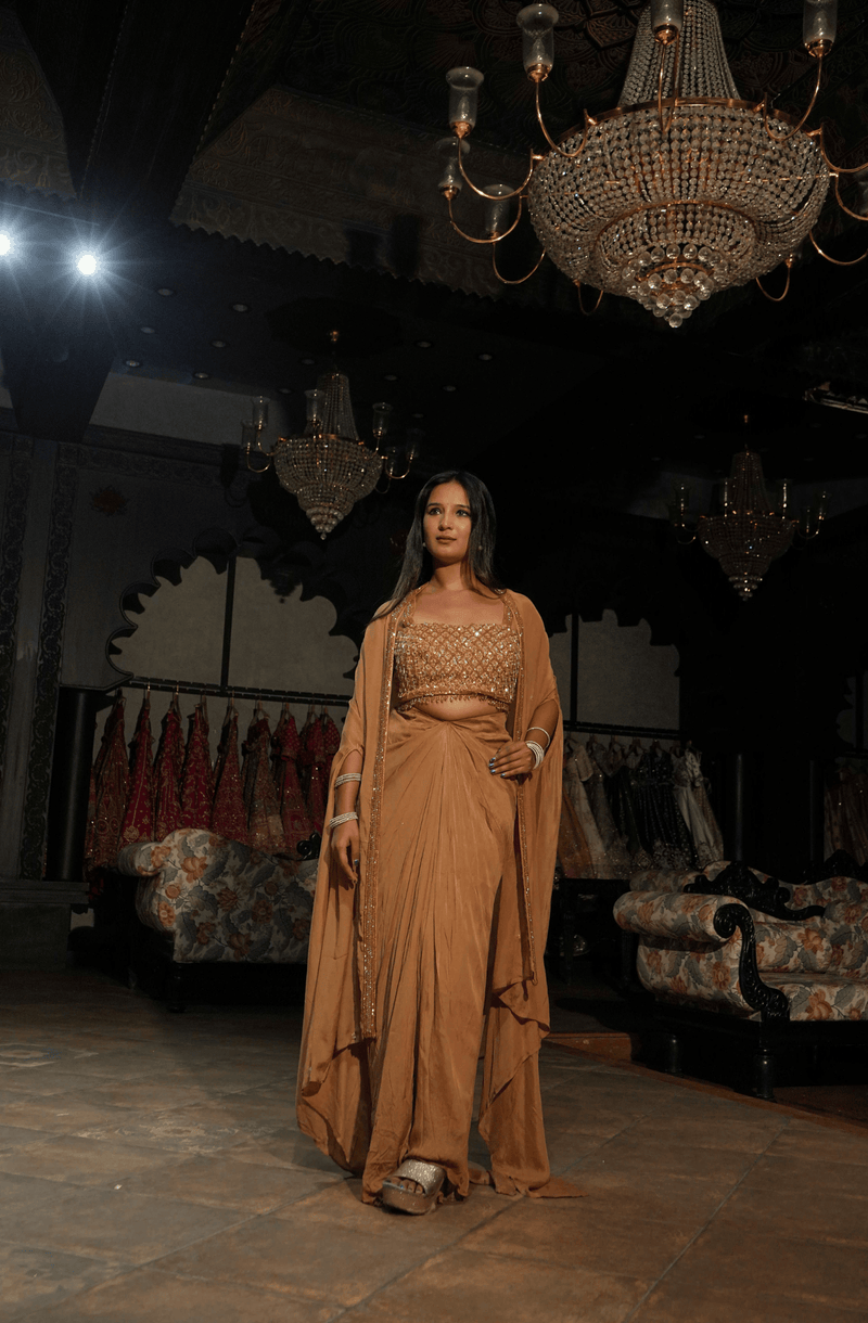 Caramel Draped Lehenga Set