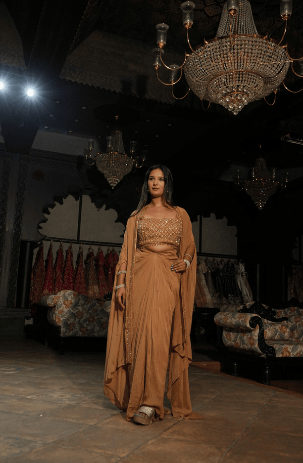 Caramel Draped Lehenga Set
