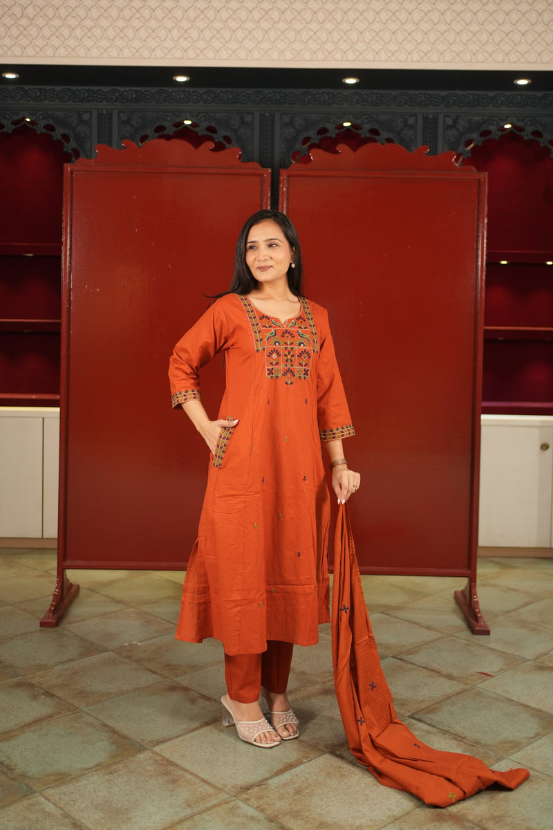 Rust Embroidered Kurti Set