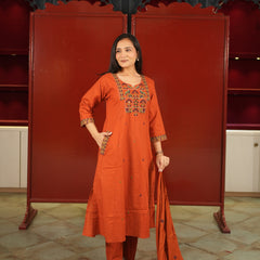 Rust Embroidered Kurti Set