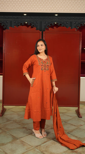 Rust Embroidered Kurti Set