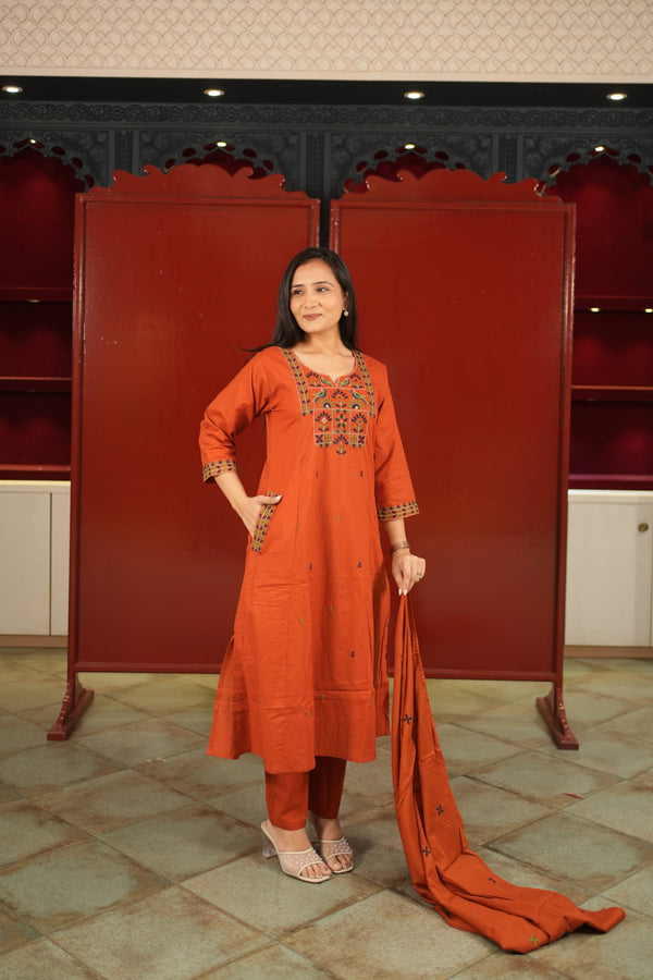 Rust Embroidered Kurti Set