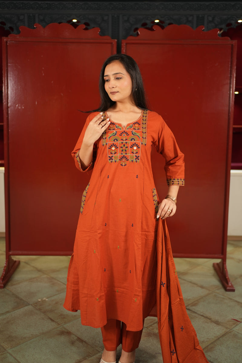 Rust Embroidered Kurti Set