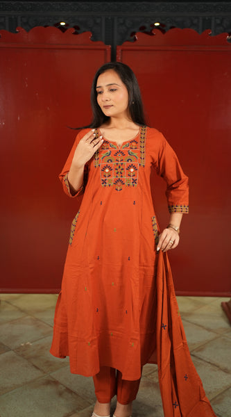 Rust Embroidered Kurti Set