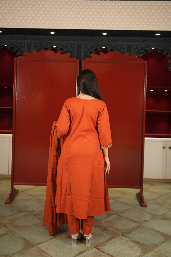 Rust Embroidered Kurti Set
