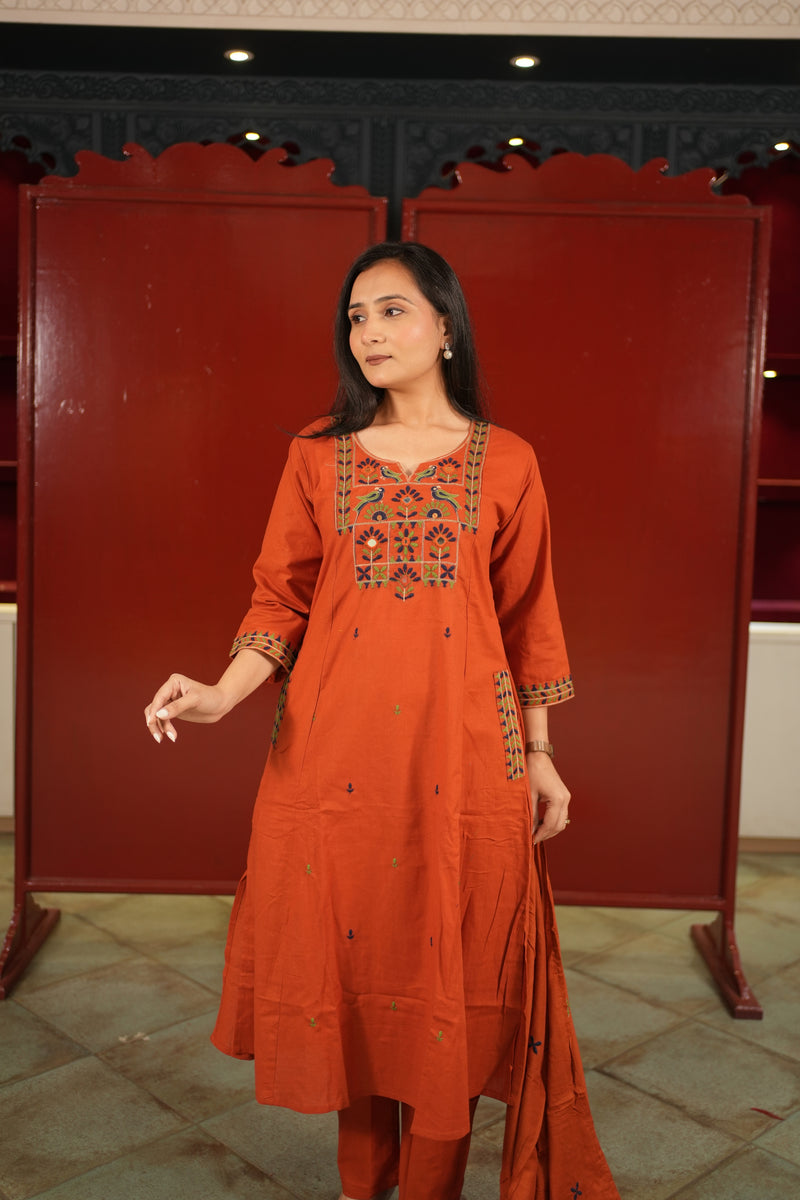 Rust Embroidered Kurti Set