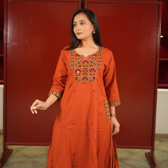 Rust Embroidered Kurti Set