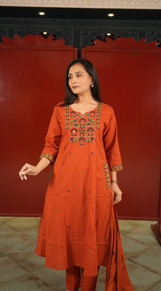 Rust Embroidered Kurti Set