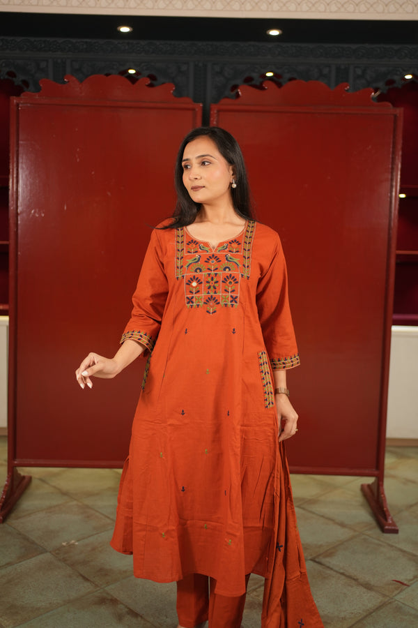 Rust Embroidered Kurti Set