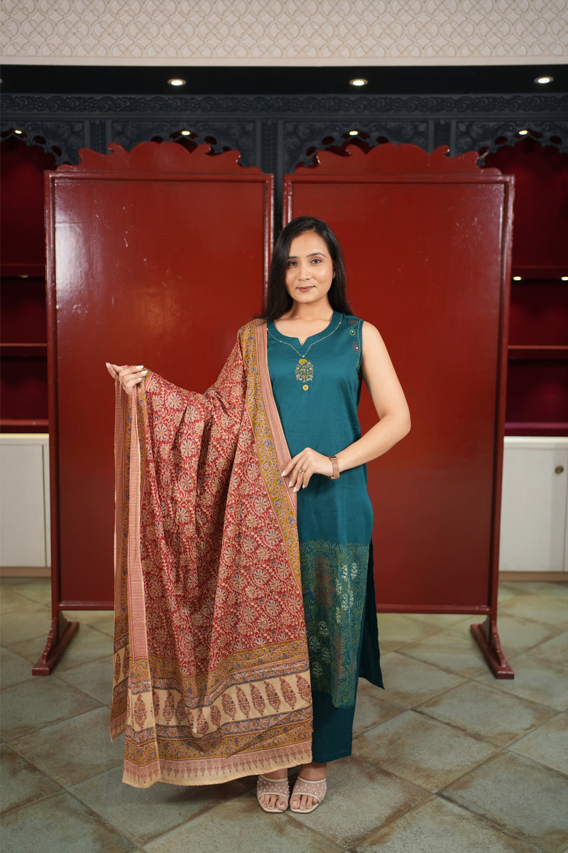Teal Printed Kurti Set