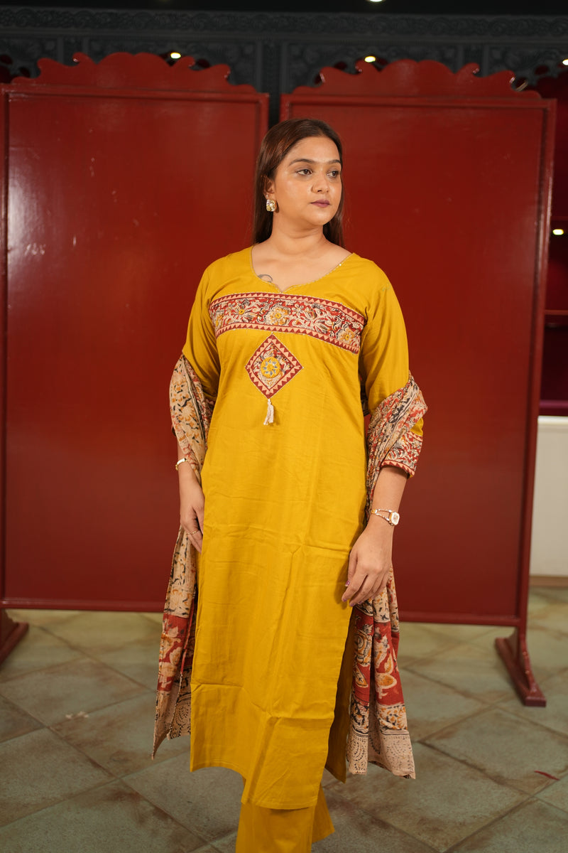 Mustard Colour-Block Kurti Set