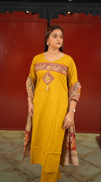 Mustard Colour-Block Kurti Set