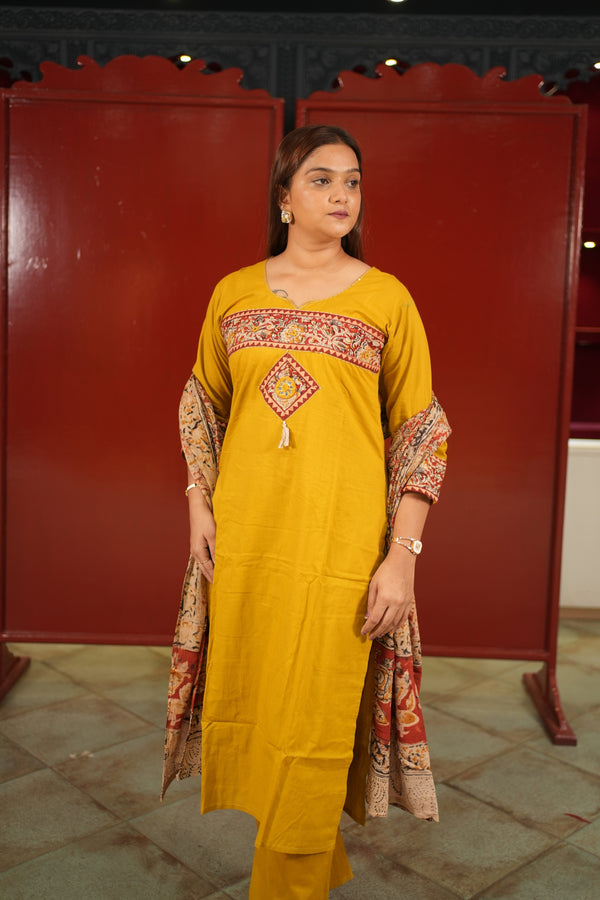 Mustard Colour-Block Kurti Set