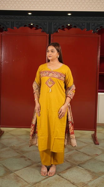 Mustard Colour-Block Kurti Set