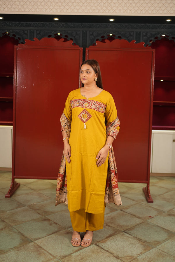 Mustard Colour-Block Kurti Set