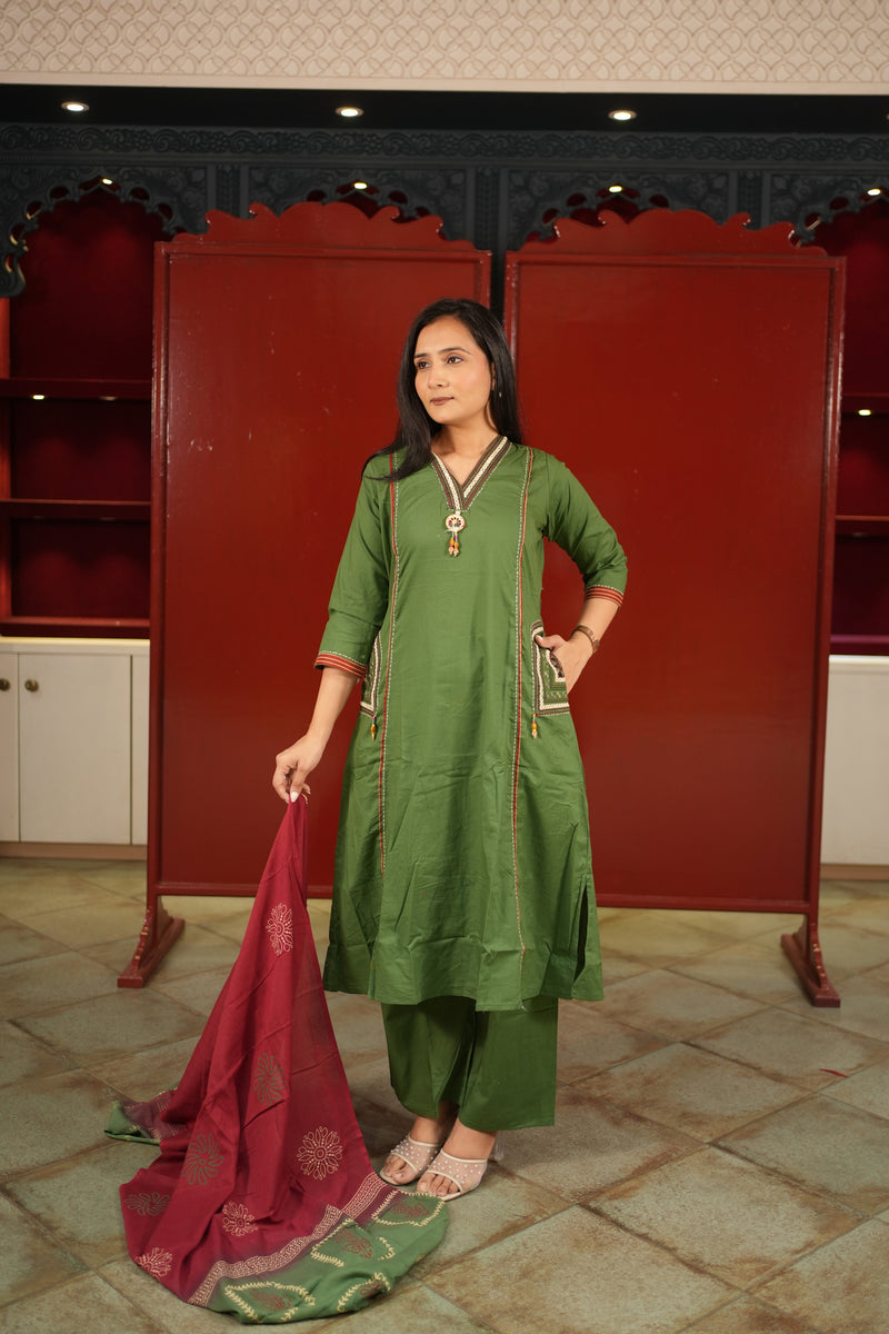 Olive V-Neck Kurti Set