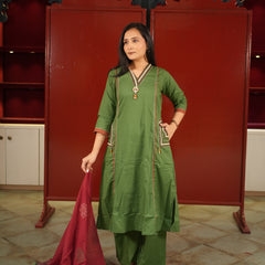 Olive V-Neck Kurti Set