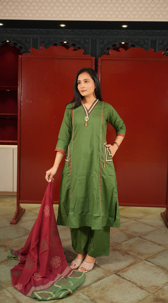 Olive V-Neck Kurti Set