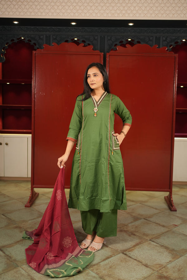 Olive V-Neck Kurti Set