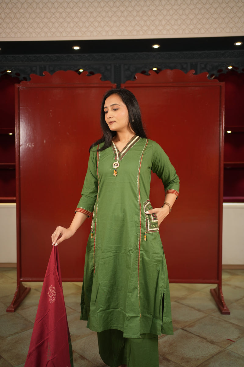 Olive V-Neck Kurti Set
