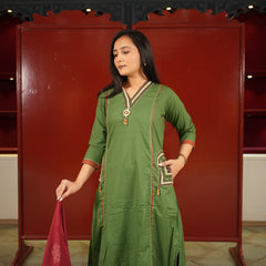Olive V-Neck Kurti Set