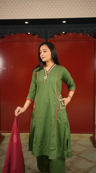 Olive V-Neck Kurti Set