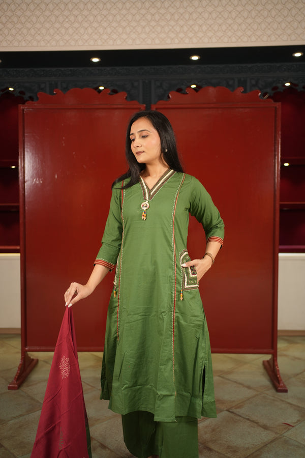 Olive V-Neck Kurti Set