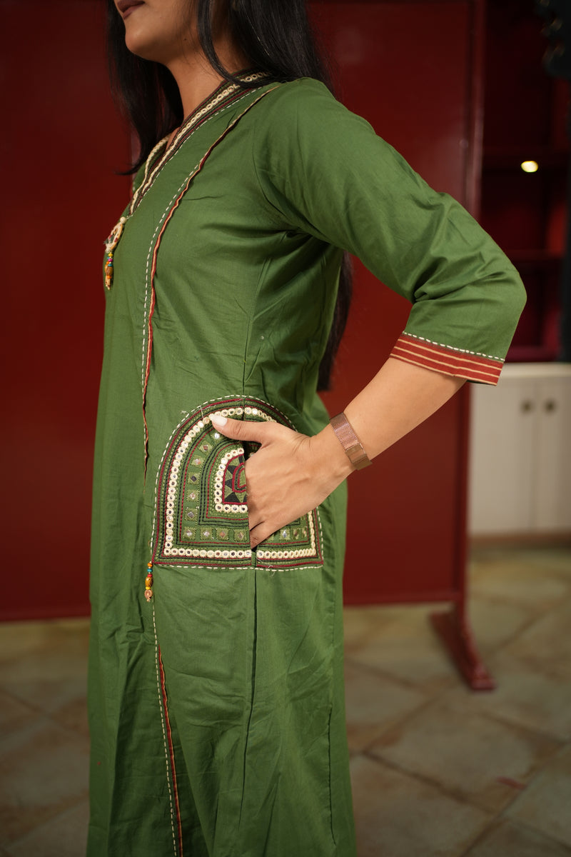 Olive V-Neck Kurti Set