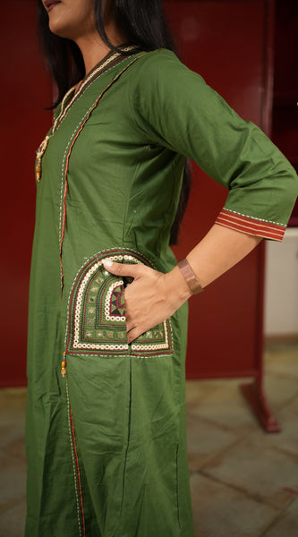 Olive V-Neck Kurti Set