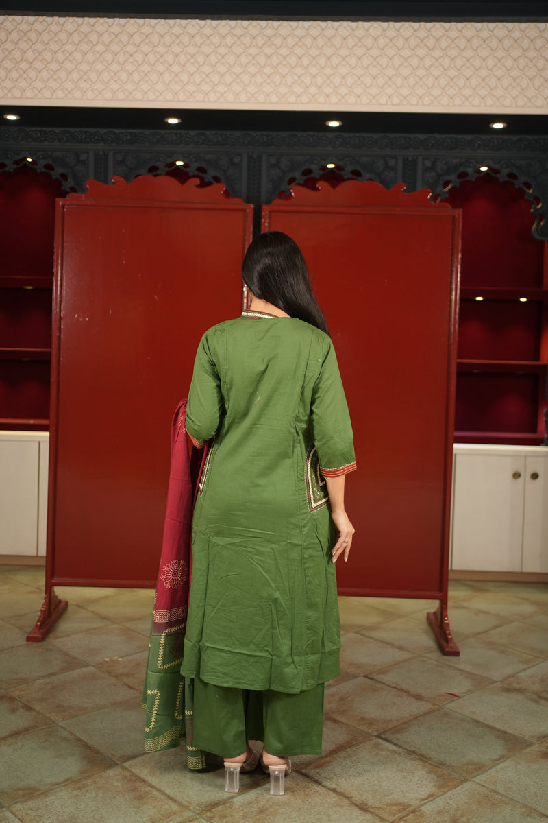 Olive V-Neck Kurti Set
