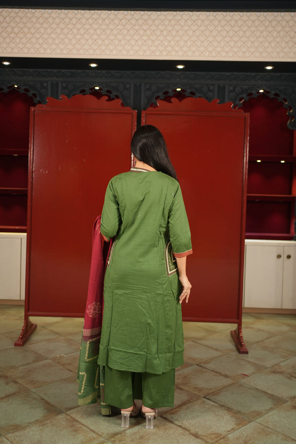 Olive V-Neck Kurti Set