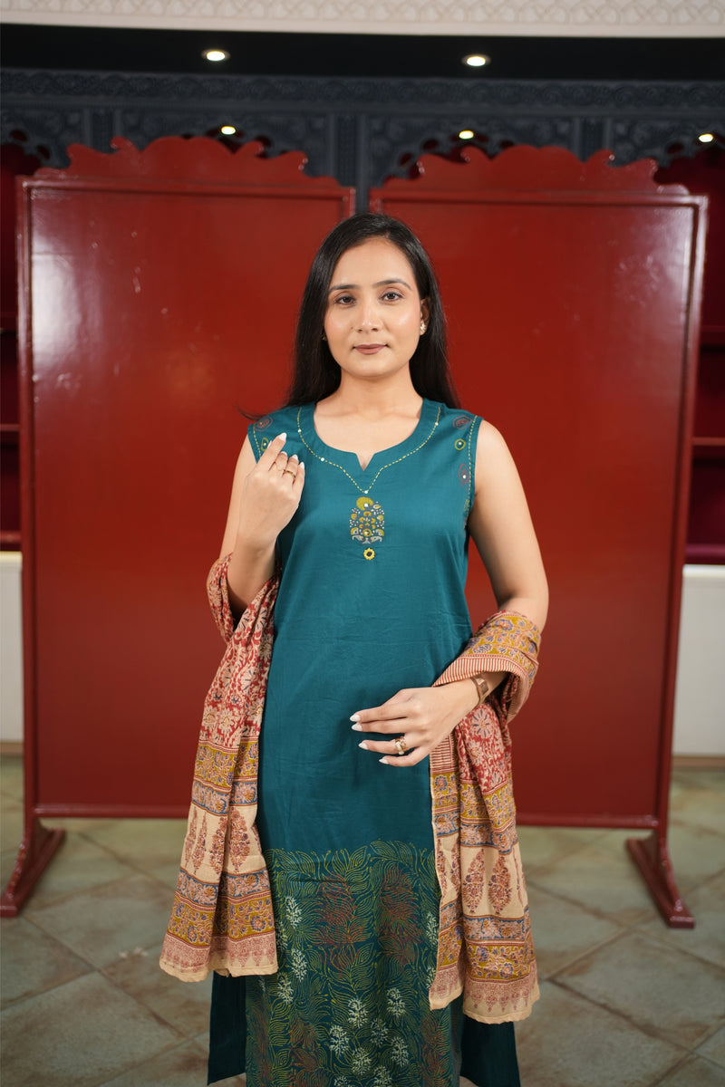 Teal Printed Kurti Set