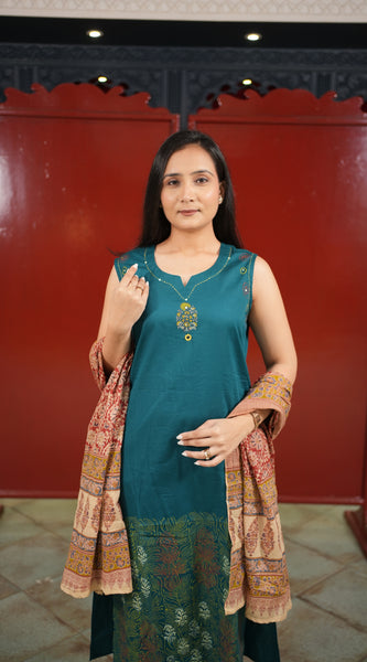 Teal Printed Kurti Set