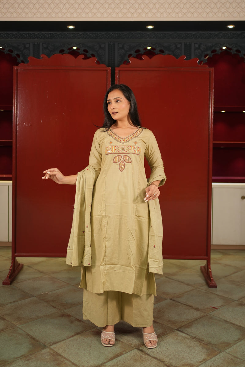 Beige Embroidered Kurti Set