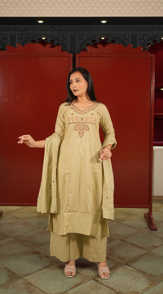 Beige Embroidered Kurti Set