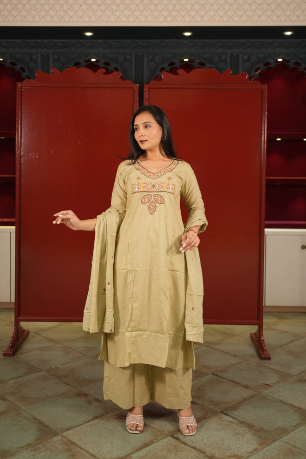 Beige Embroidered Kurti Set