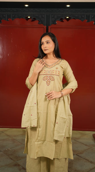 Beige Embroidered Kurti Set